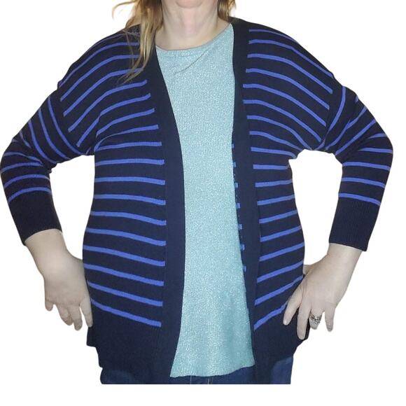 Talbots Size 1XP Petite Blue Striped Open Front Sweater Cardigan Pima Cotton - Picture 1 of 9